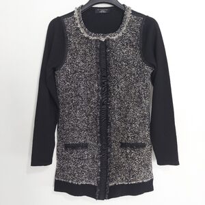 Elie Tahari Nordstrom Black Merino Wool Boucle Fringed Snap Front Jacket Sz S